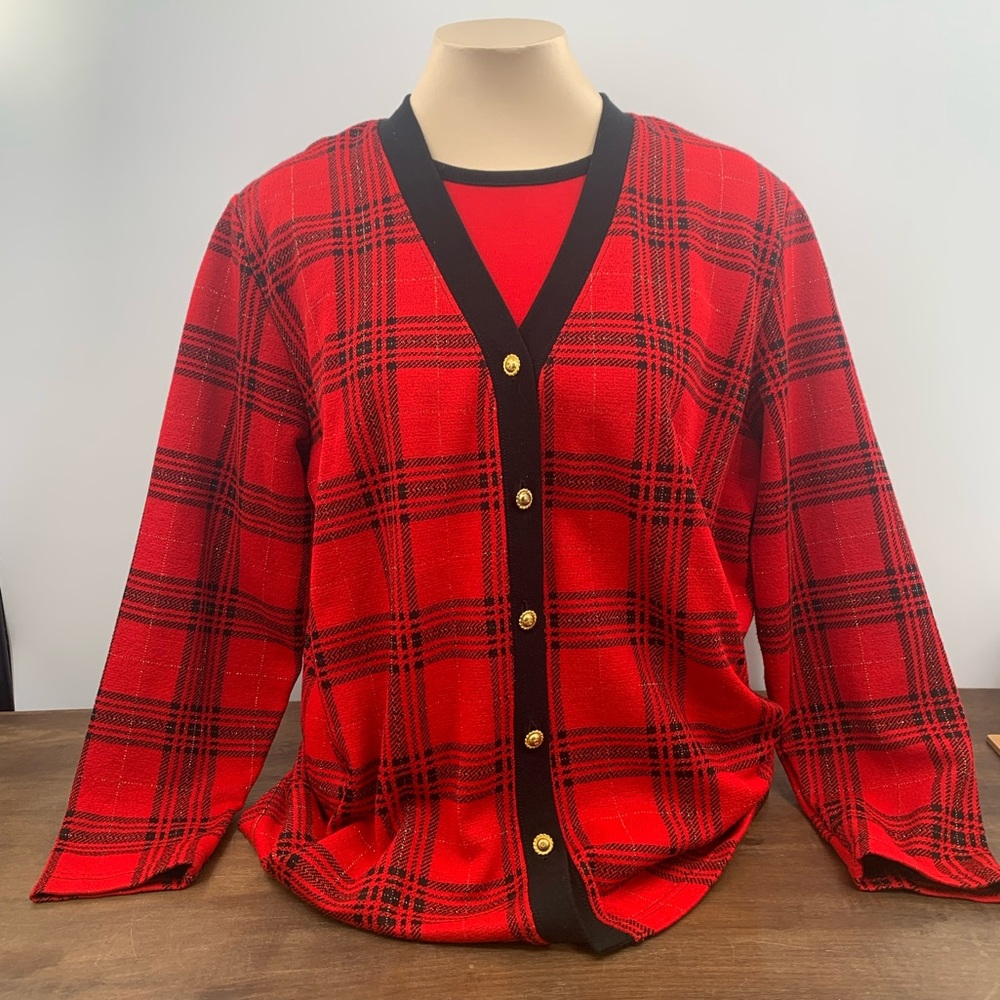 Vintage Preppy 80s/90s Red Black Gold Two in One Sweater Large - Picture 11 of 13